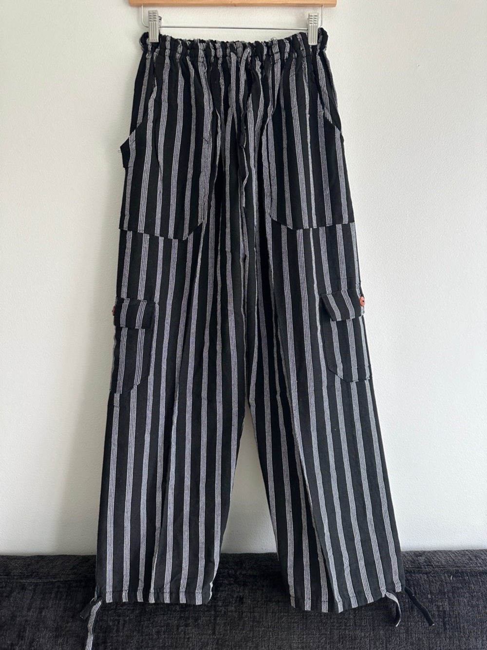 Peru/Ecuador Handmade Cotton Boho Black Gray Striped Unisex Joggers‎ Pants Large